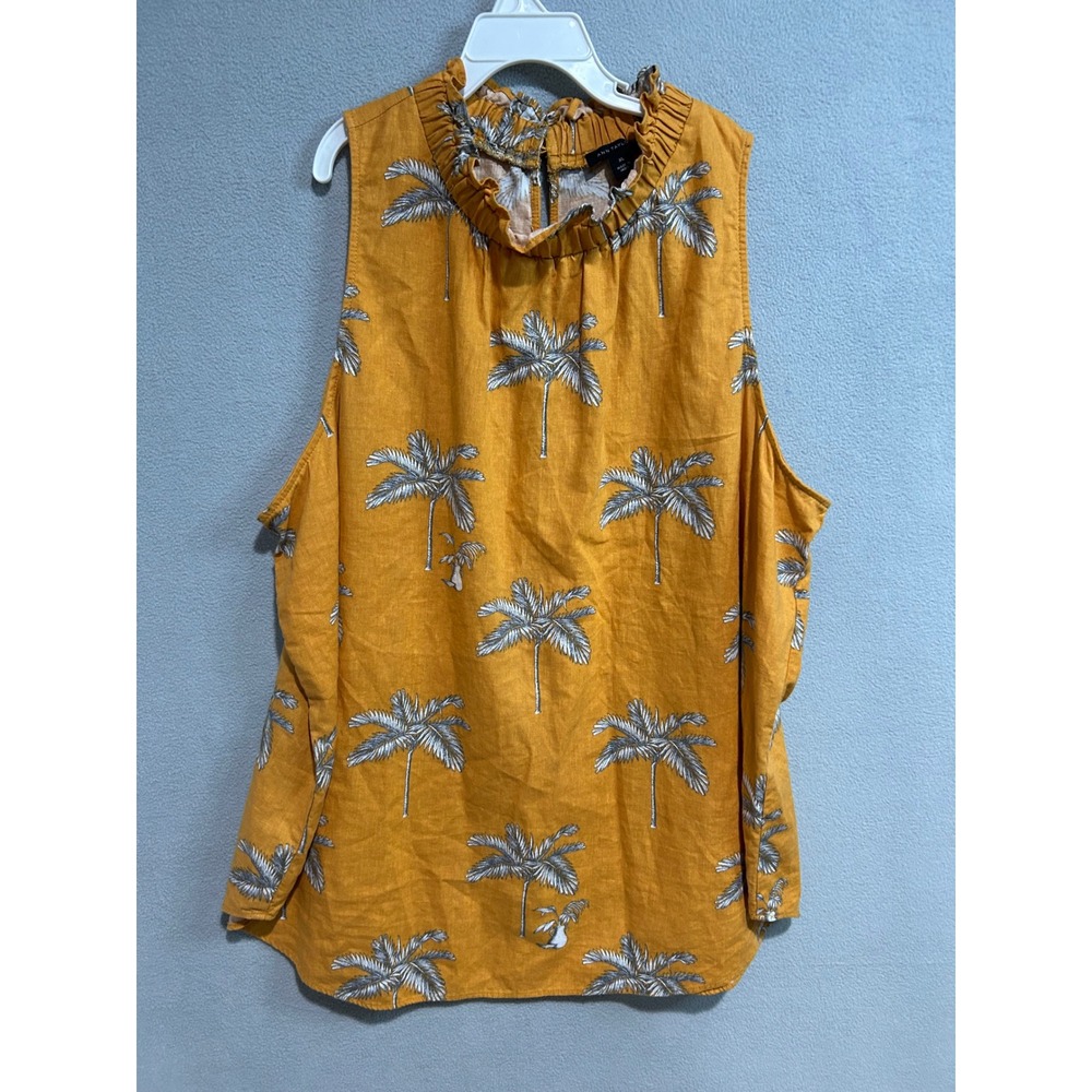Ann Taylor Linen Ruffle Neck Sleeveless Top Womens XL Palm Tree Yellow‎ Tropical